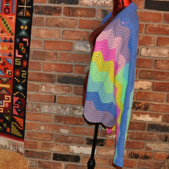 Davi & Dani Rainbow Zig-Zag Stripe Knit Open Cardigan Bell Sleeve L - Picture 5 of 8